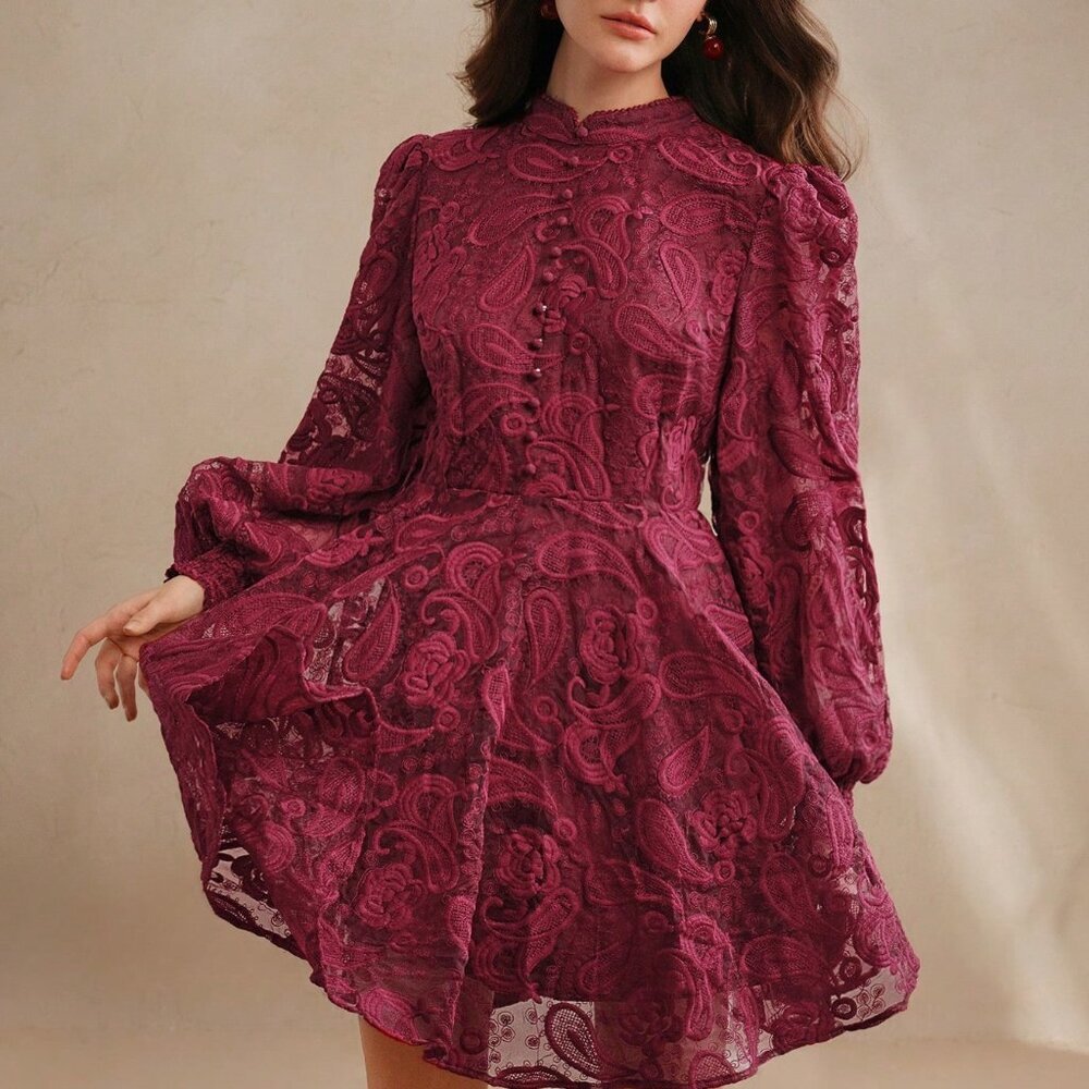 Burgundy Elegant Women's Floral Mesh Lantern Sleeve Dress - Picture 6 of 6